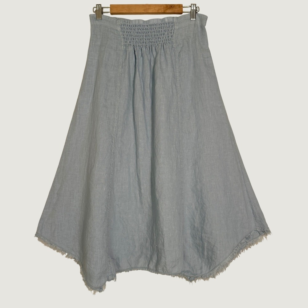 XCVI Midi Skirt 100% Linen Small Light Blue Smocked Frayed Hem Earthy Granola - Picture 2 of 9